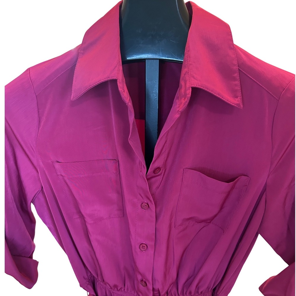 AB Studio Women Magenta Pink Button Front Roll Tab Sleeve Belted Dress 6 NEW - Picture 4 of 7